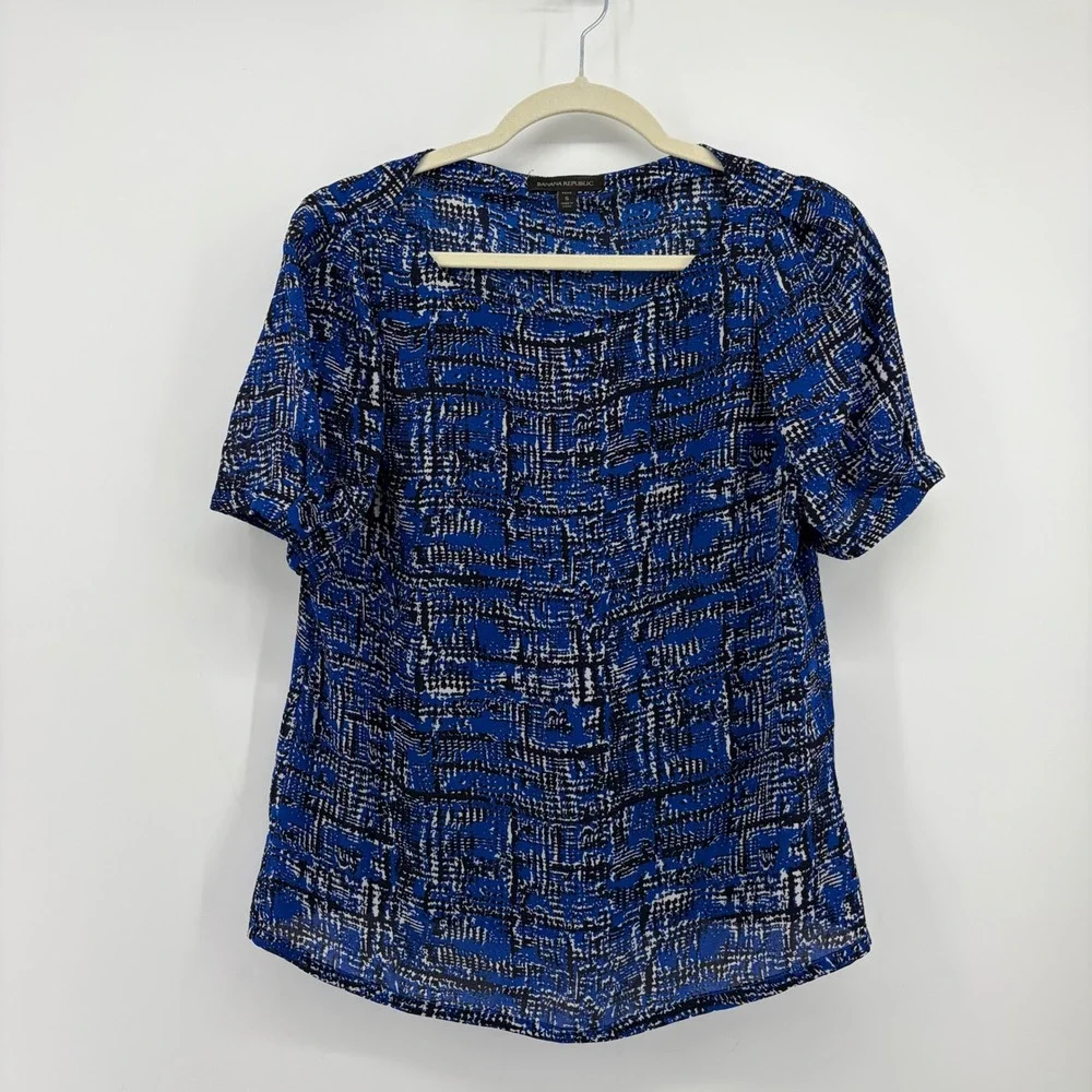 Banana Republic Womens Small‎ Petite Blue Abstract Grid Short Sleeve Blouse Top